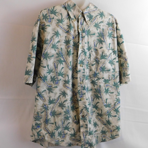 Bugle Boy Mens Hawaiian Palm Trees Shirt Large Blue Short Sleeve Button Front - Picture 1 of 8
